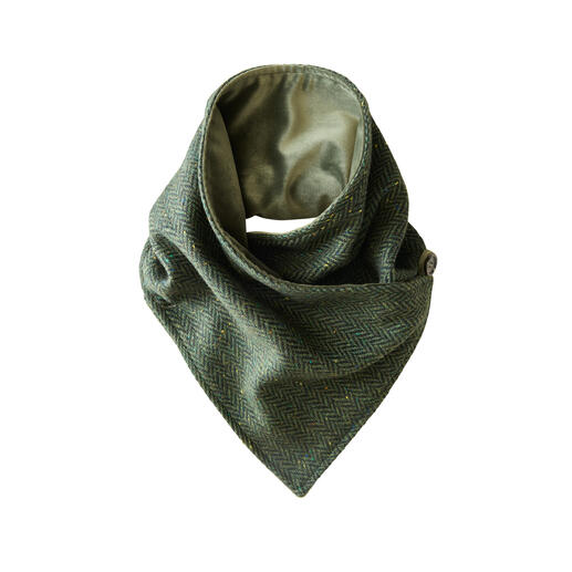 Écharpe Snood Celtic Tweed en vert olive, présentée dans une forme élégante et ouverte.