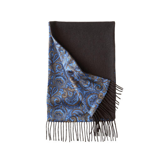 Écharpe réversible en cachemire et soie Ascot avec un motif paisley en bleu et marron.