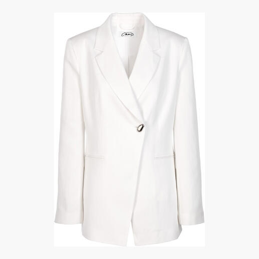 Vue de face d'un blazer en lin-lyocell blanc sur un fond blanc.