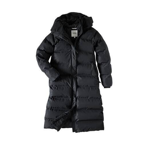 Parka rembourré noir pour homme avec capuche, ouvert.