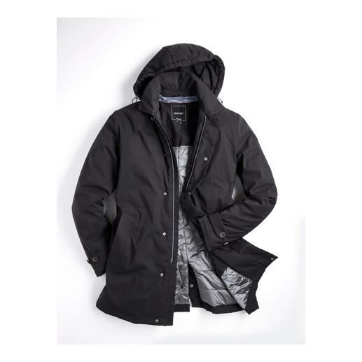 Manteau professionnel noir avec capuche et doublure visible