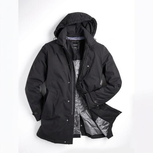 Manteau professionnel noir avec capuche et doublure visible