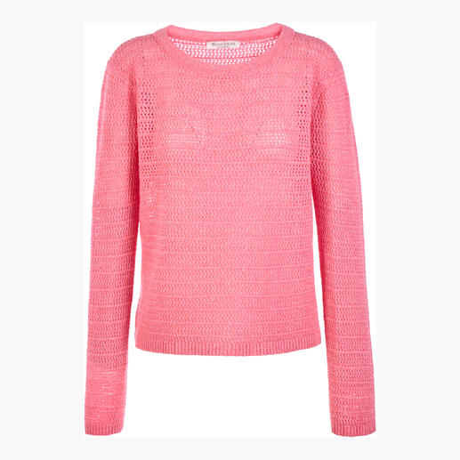 Pull en maille Edel rose de William Lockie sur fond blanc.