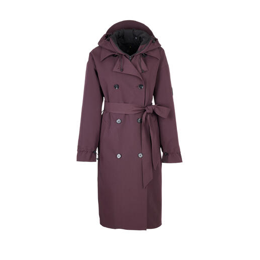 Vue avant d'un trench-coat bordeaux convertible avec capuche.