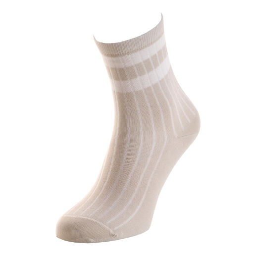 Chaussette à rayures beige-blanc en position verticale.