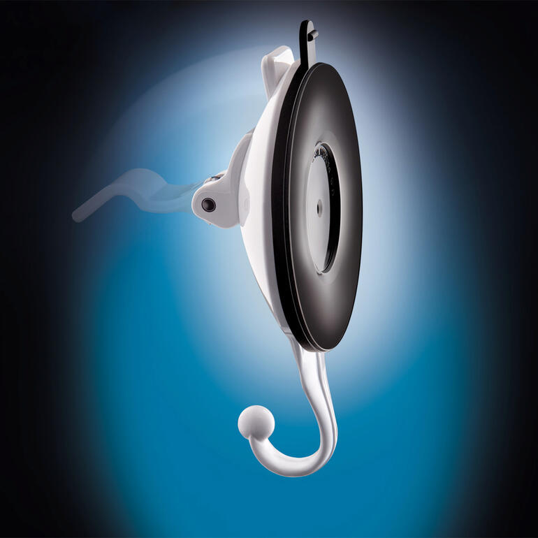 Crochet à vide ‘Supergrip’ avec disque rond en noir et blanc.