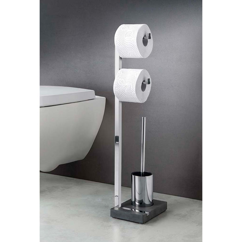 Avec son design remarquable, la série pour salle de bain et toilettes Polystone est compacte et stable. Porte-papier toilette en polystone avec deux rouleaux de papier toilette et une brosse à toilettes.