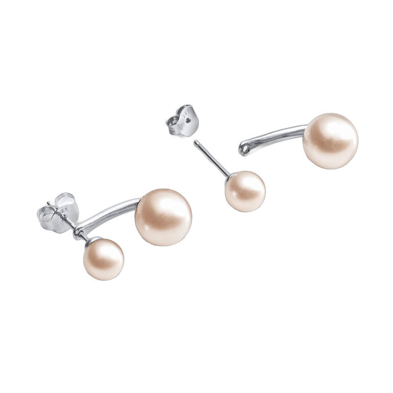 Boucles d'oreilles 2-en-1 avec perles flottantes en argent, élégamment présentées.