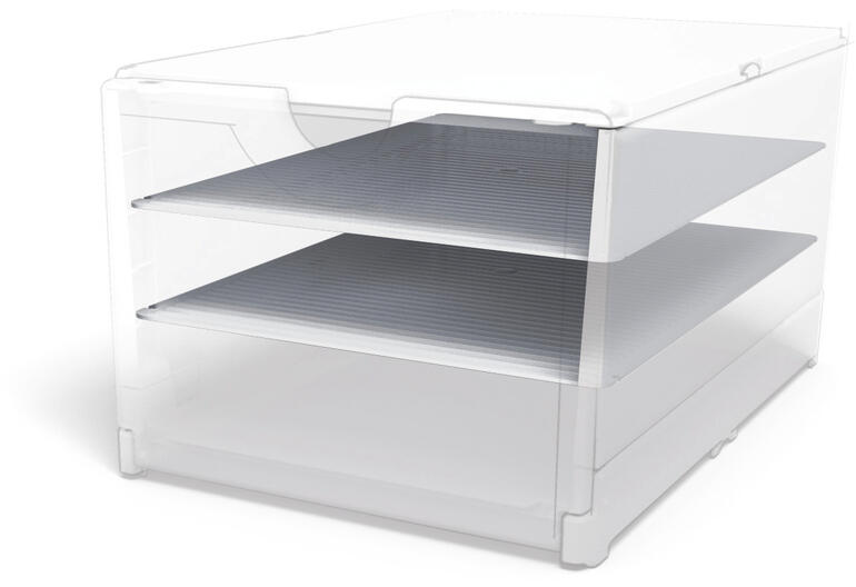 Boîte transparente avec deux étagères blanches