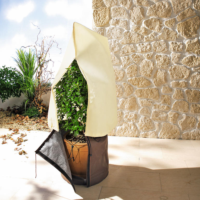 Protection d'hiver rapide pour les plantes, couverture beige sur pot.
