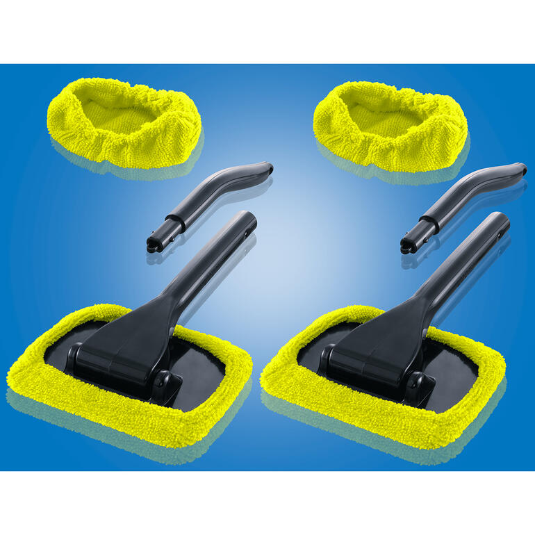 Nettoyeur de pare-brise, lot de 2 pièces Deux nettoyeurs de vitre de voiture et accessoires sur un fond bleu.