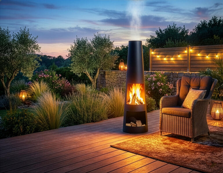 Brasero de terrasse noir avec flamme sur terrasse en bois au crépuscule