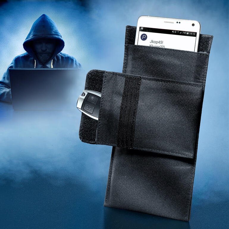 Pochette anti-radiation pour smartphone noire avec smartphone à l'intérieur