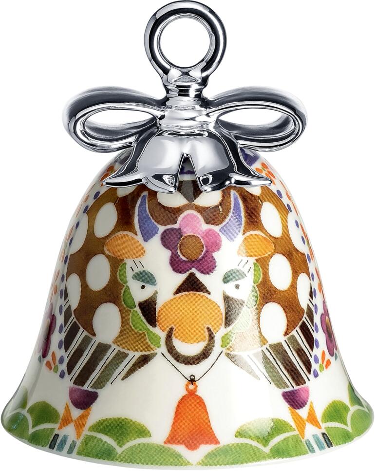 Cloche de Noël Alessi avec motif de vache, décorée en couleurs.