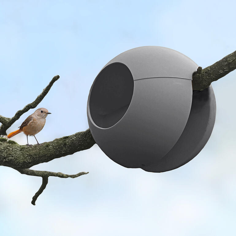 A fixer non seulement sur la rambarde du balcon ou de la terrasse, mais également à une branche d’arbre jusqu’à 6 cm de diamètre. Nourrisseur de balcon gris anthracite pour oiseaux avec un oiseau à côté.