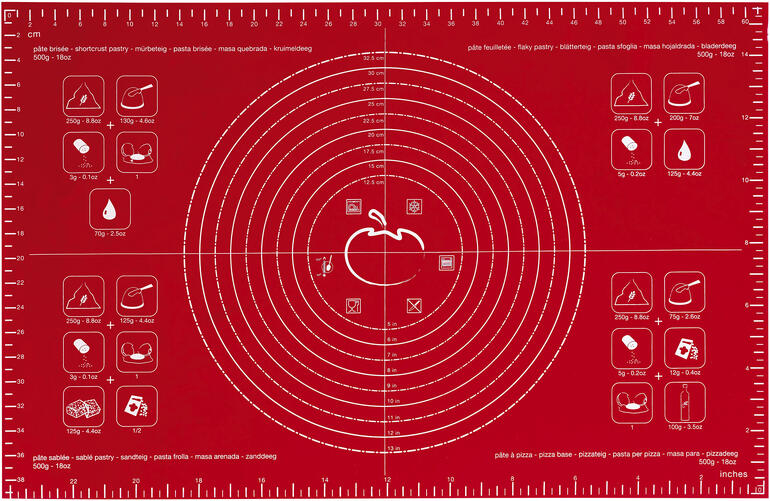 Tapis à pâtisserie en silicone Tapis à rouler en silicone rouge avec mesures.