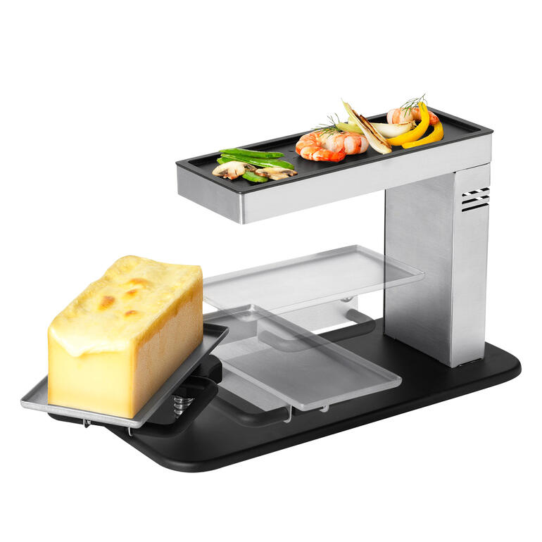 Gril à raclette avec une tranche de fromage sur un gril compact.
