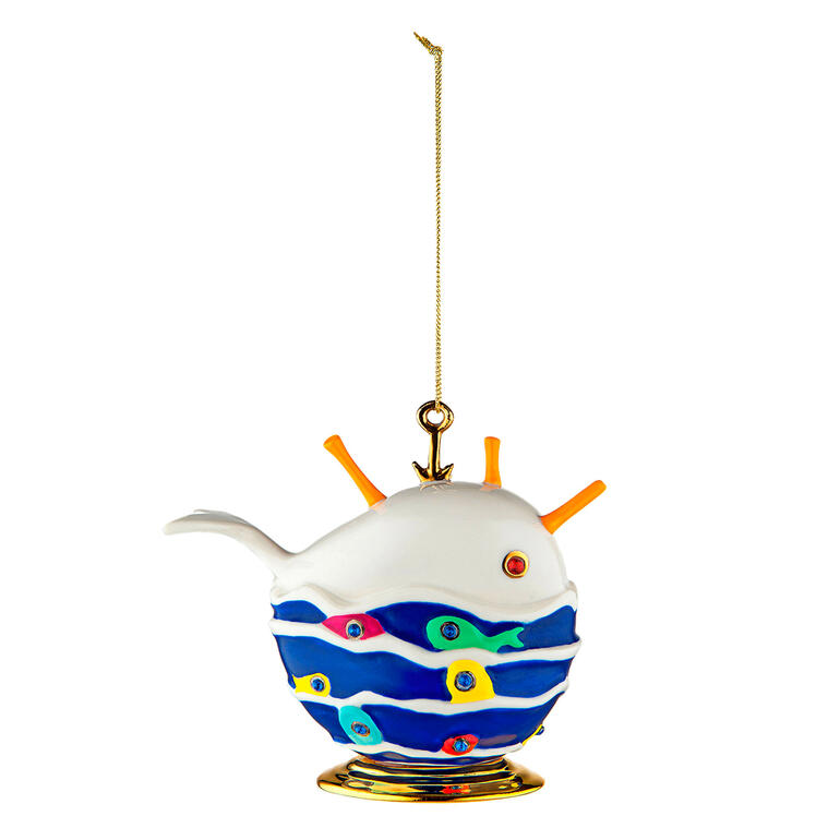 Boule décorative Fleurs de Jori en forme de baleine avec des détails colorés.