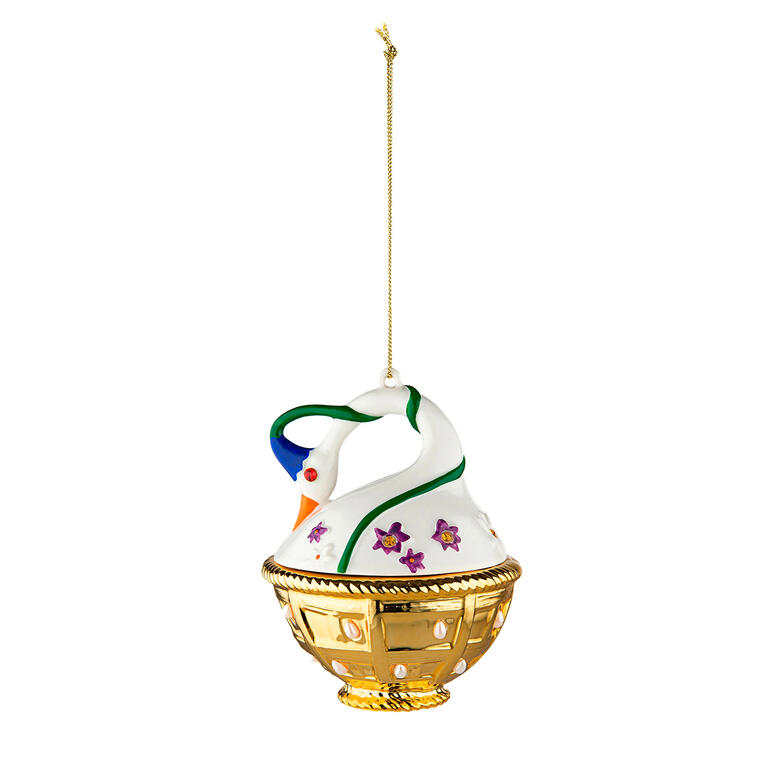 Boule décorative Fleurs de Jori en forme de cygne avec décorations colorées et base dorée.