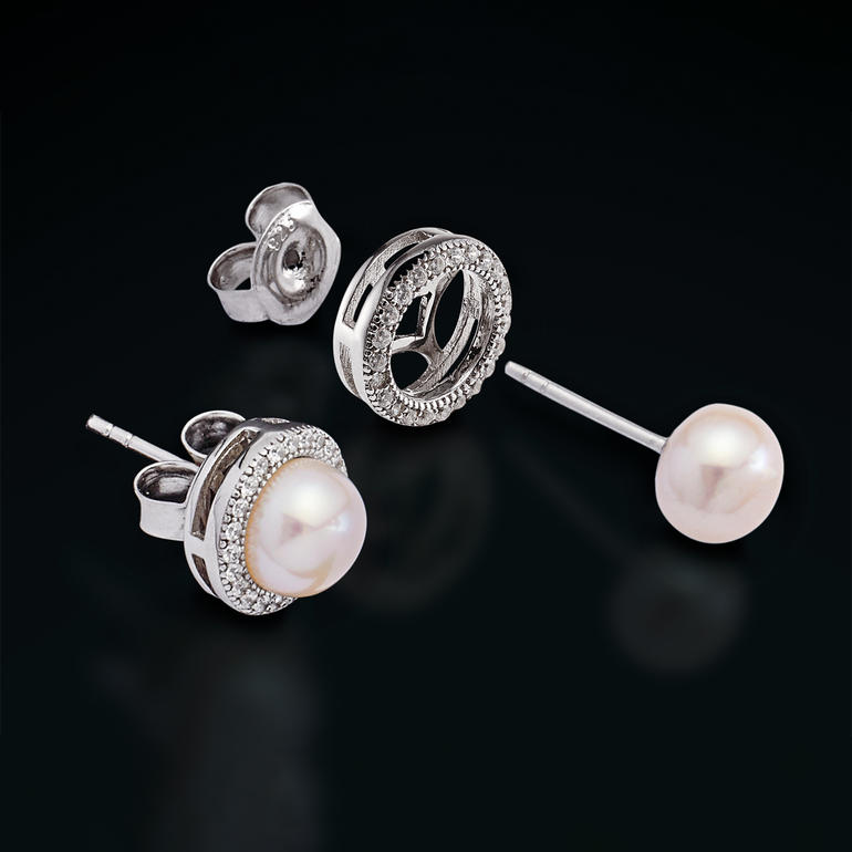 Perles Blanches Boucles d'oreilles 2-en-1 en argent avec perles cultivées blanches