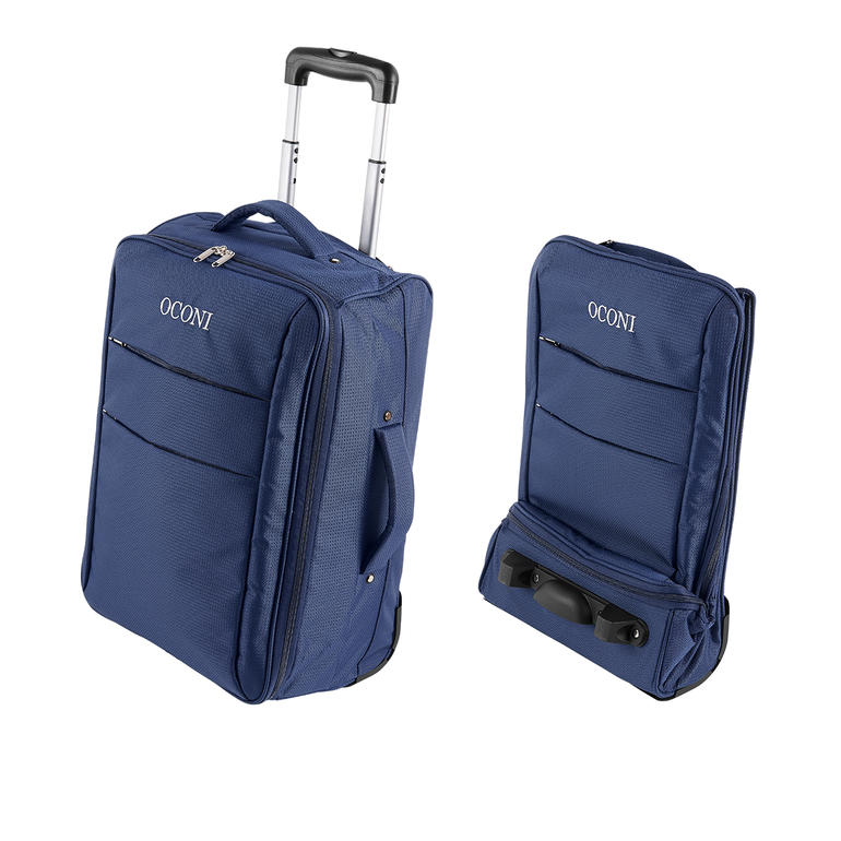 Repliable à plat en quelques gestes, pour un rangement gain de place. Deux vues du chariot pliant OCONI bleu, fermé et ouvert, avec plusieurs poches.