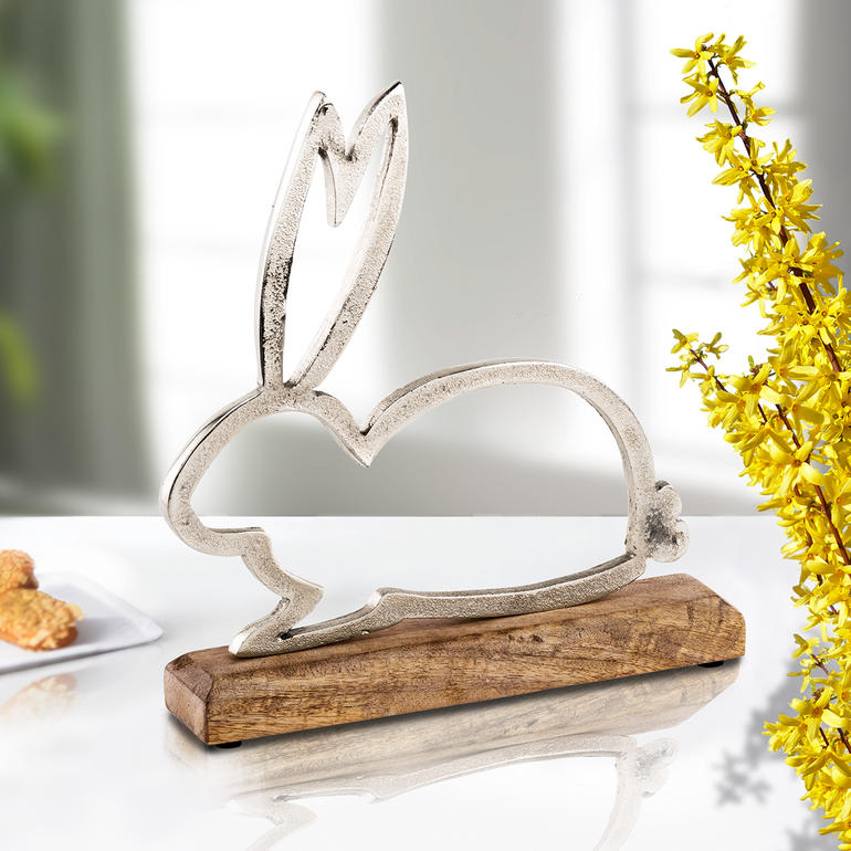 Silhouette de lapin décorative en métal sur une base en bois