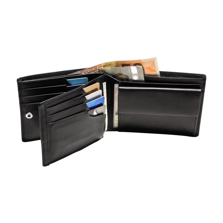 Portefeuille en cuir sécurisé avec protection RFID, ouverte avec des cartes et des billets
