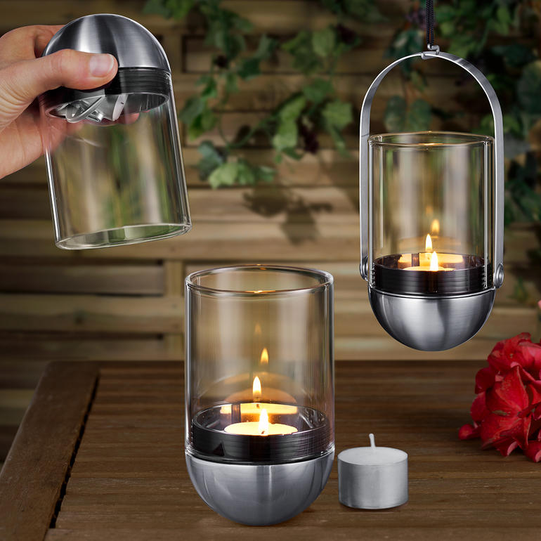 Bougeoir Gravity Candle avec trois récipients en métal et en verre différents