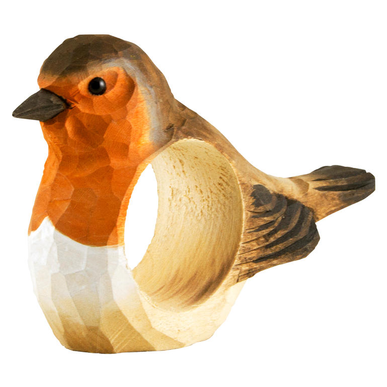 Un oiseau comme porte-serviette en orange et marron sur un fond blanc.