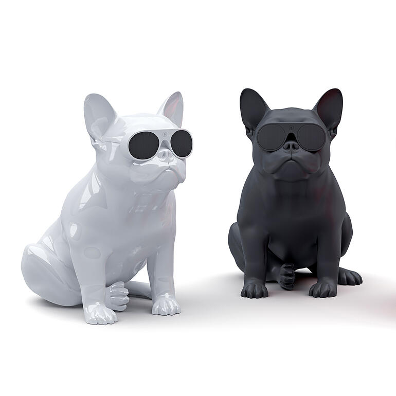 Deux bulldogs français en plastique avec des lunettes de soleil
