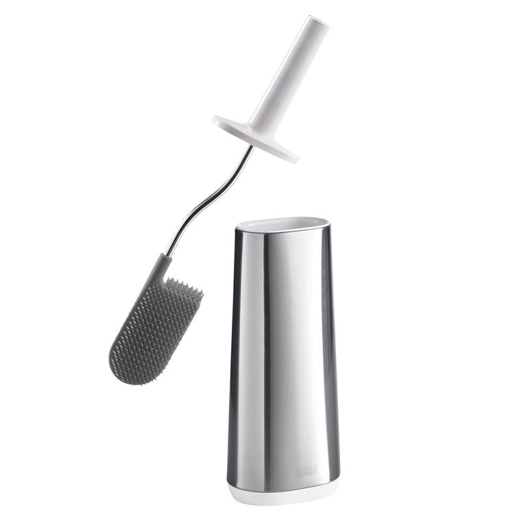 Les poils sur le dessus permettent de nettoyer sans effort le bord intérieur des toilettes. Brosse de WC en silicone flexible avec support dans un design moderne