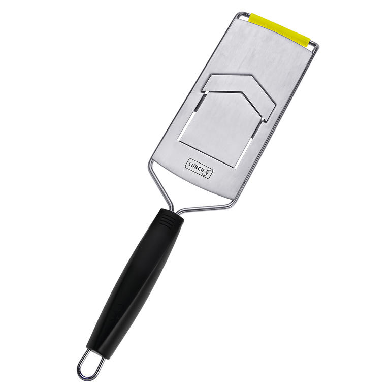 Mandoline en V Râpe V avec poignée noire et lame en argent.