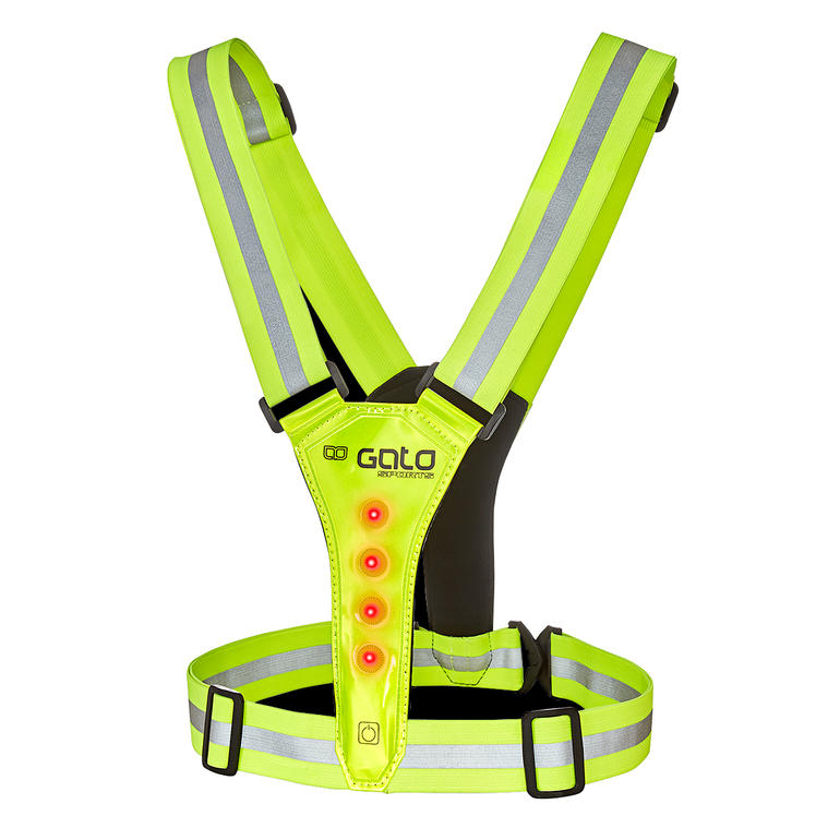 Gilet de sécurité jaune fluo avec des bandes réfléchissantes.