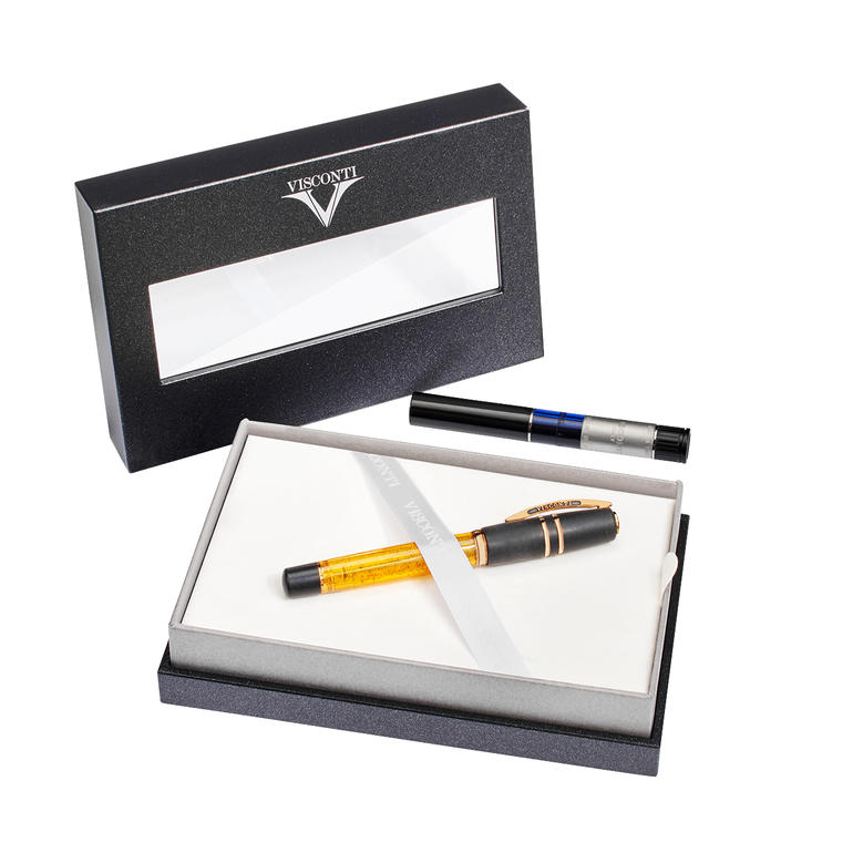 Livré dans un superbe coffret cadeau à couvercle en verre. Stylo à plume Visconti Pro-Idee-Edition dans une boîte-cadeau avec deux cartouches d'encre.