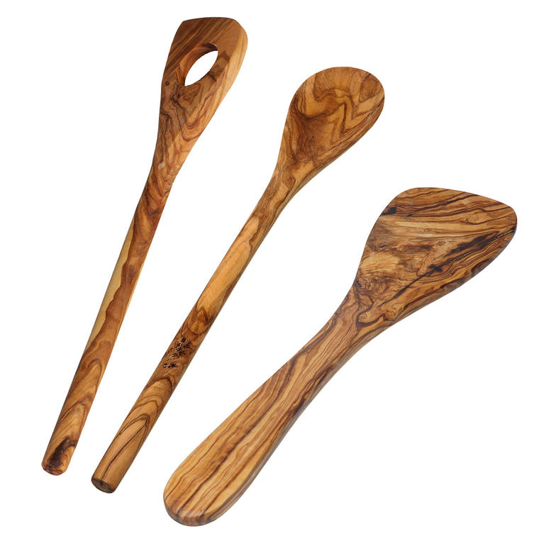 Couverts en bois d’olivier, 3 pièces Ustensiles de cuisine en bois d'olivier, 3 pièces avec différentes formes de cuillères et de spatules