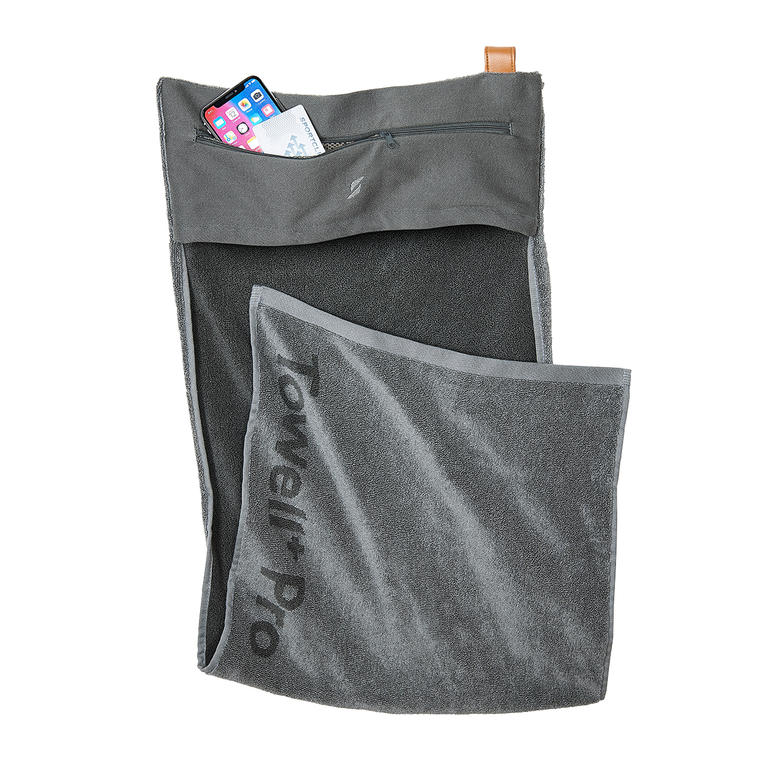 Serviette de sport magnétique grise avec poche cachée pour smartphone.