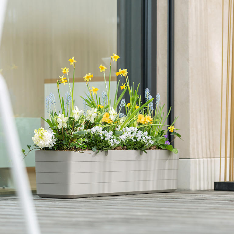 Bac à fleurs clair avec différentes fleurs, placé sur une terrasse en bois.