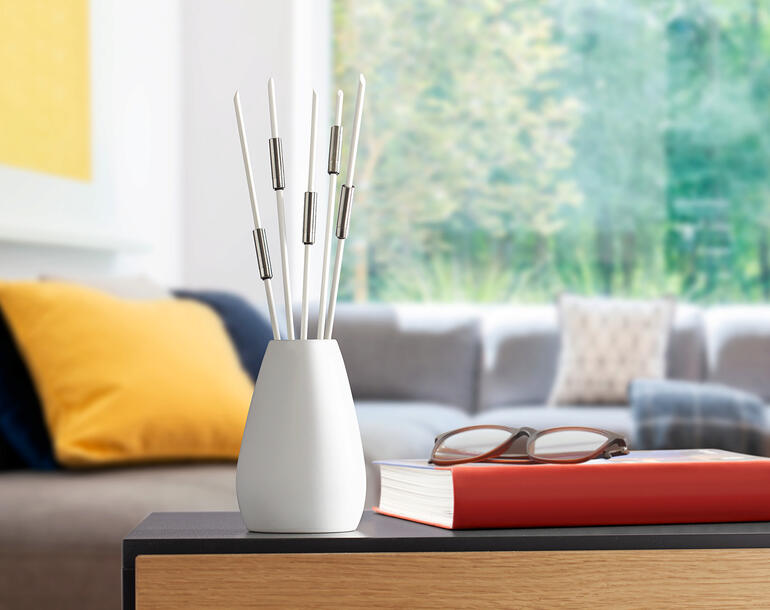 Bâtons désodorisants dans une pièce moderne sur une table.