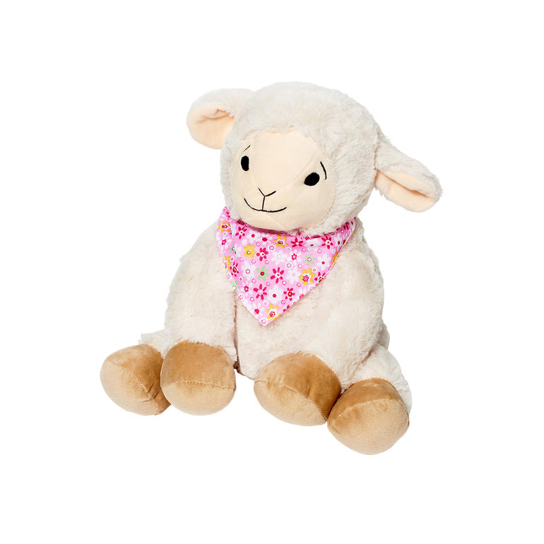 Brebis, Rose Mouton en peluche en position assise avec un foulard rose.