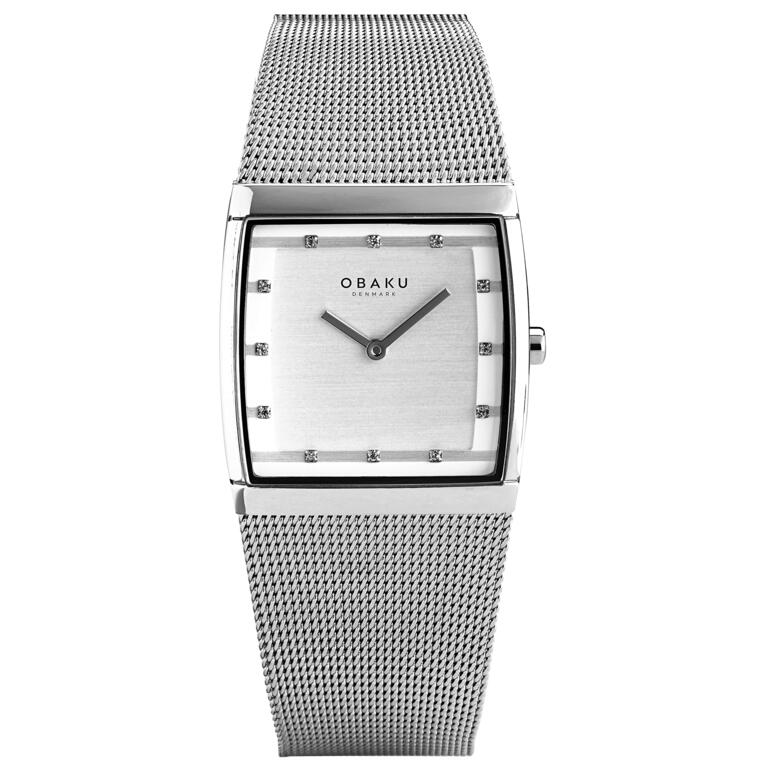 Montre Obaku carrée pour homme ou femme en argent avec bracelet en maille.
