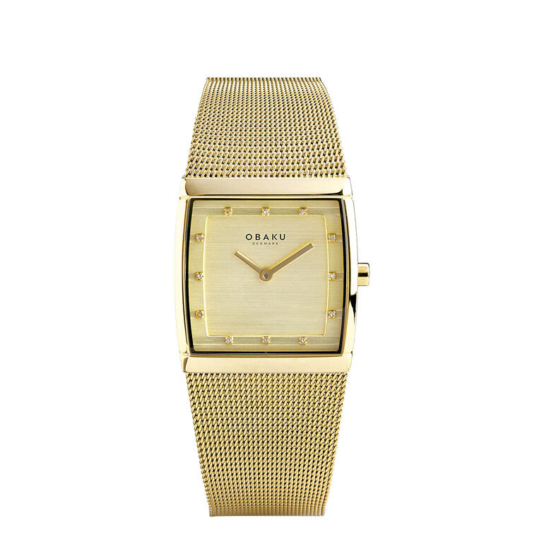 Montre femme, couleur or Montre Obaku carrée pour femme en or avec cadran scintillant.