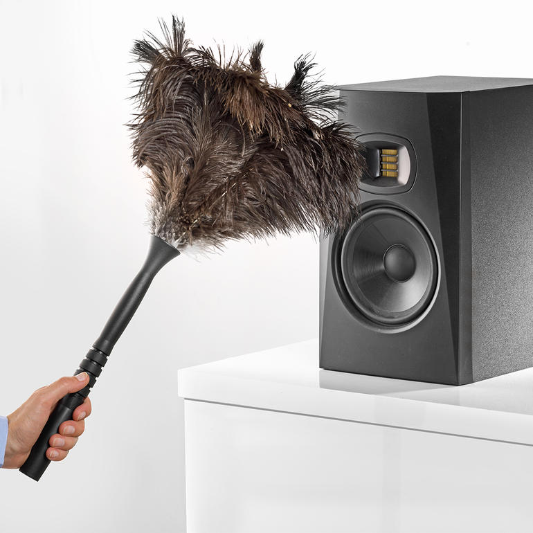 Un instrument pratique, même sans manche télescopique : pour dépoussiérer par exemple, les rampes d’escalier et les appareils électroniques sensibles. Main tenant un plumeau en plumes d'autruche à côté d'un haut-parleur