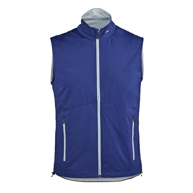 Gilet bleu sans manches avec fermeture éclair et poches latérales.