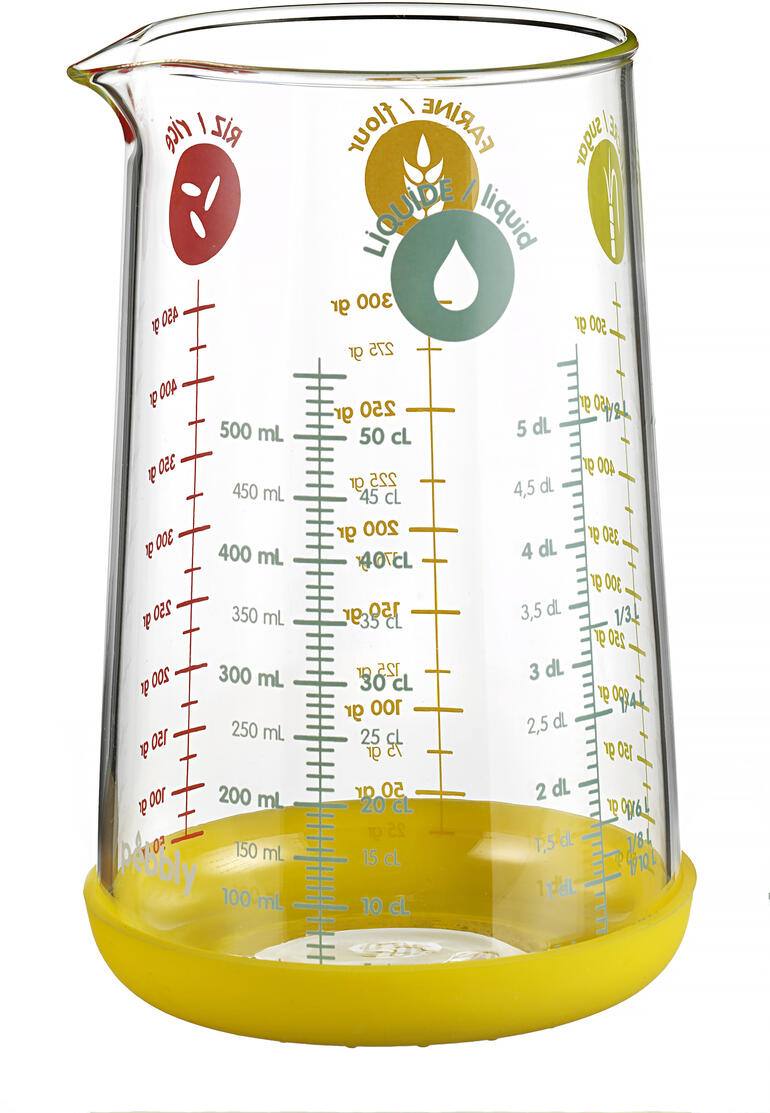 Bécher en verre transparent avec base jaune, gradué jusqu'à 500 ml.