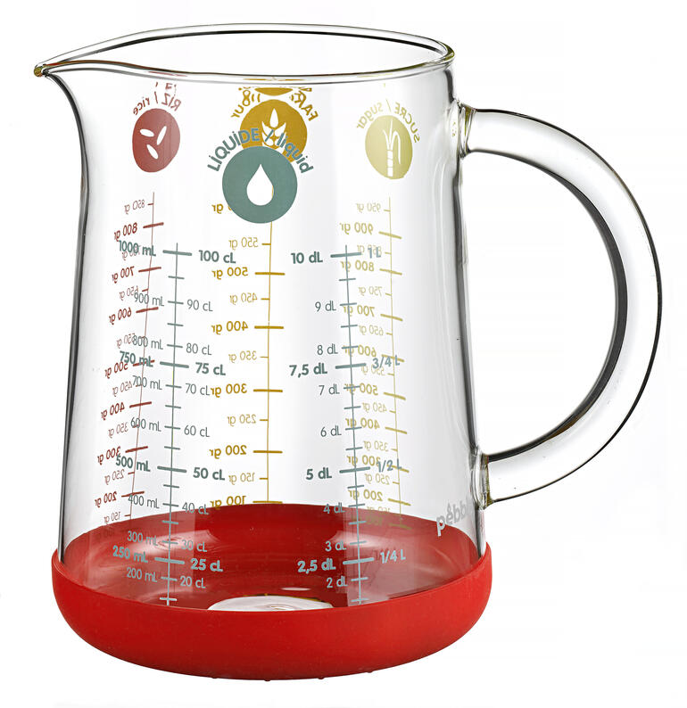Bécher en verre transparent avec base rouge, gradué jusqu'à 1.000 ml.