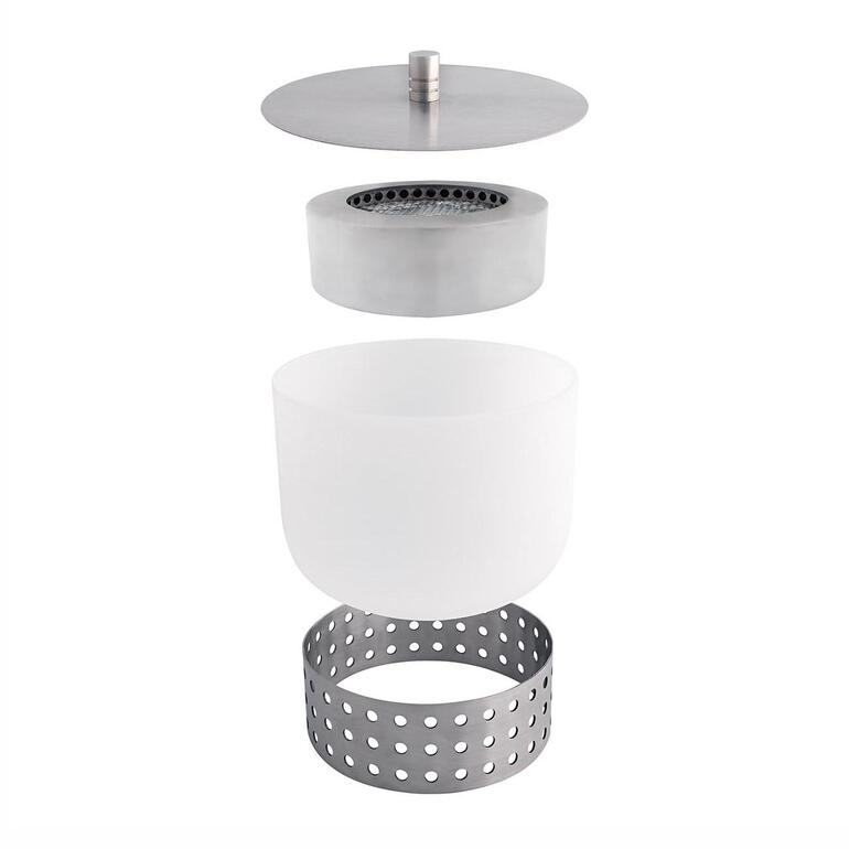 La coupe à feu de table comprend : un couvercle étouffoir, un socle et un brûleur en inox, une coupe en verre de quartz particulièrement pur. Bol en verre de table démontée avec toutes les pièces