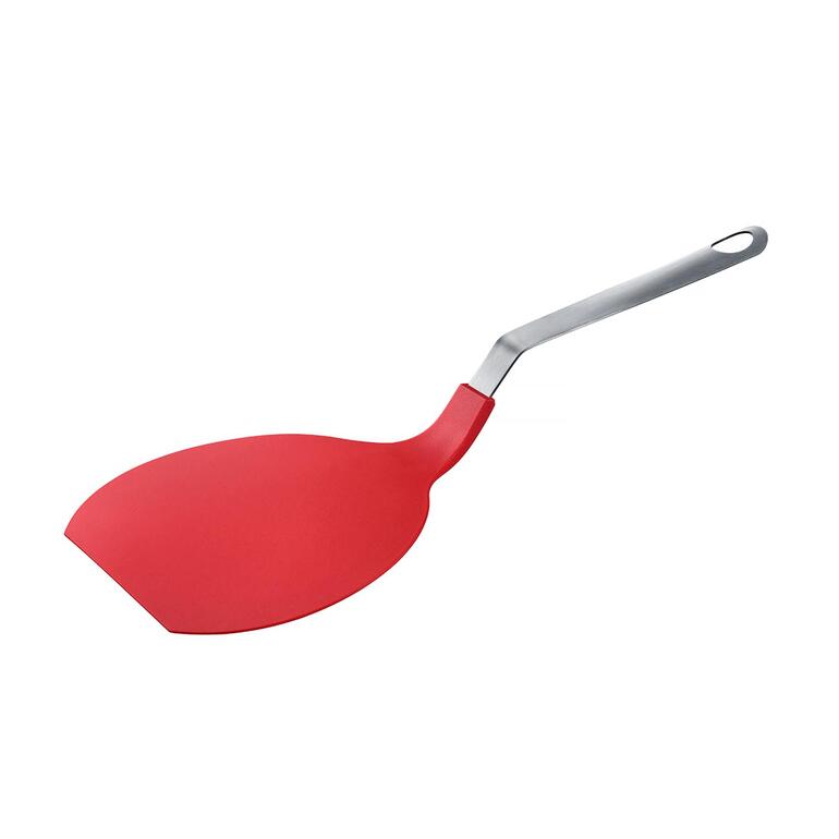 Spatule XXL en détail, surface en silicone rouge avec manche en acier inoxydable.