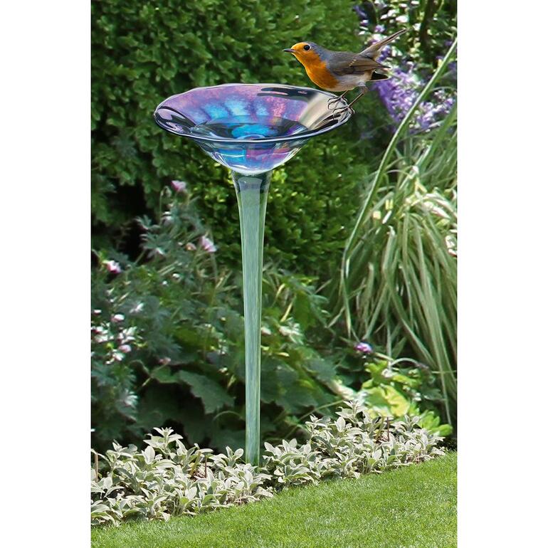 Bain de oiseaux en verre arc-en-ciel avec un oiseau qui s'y perche.