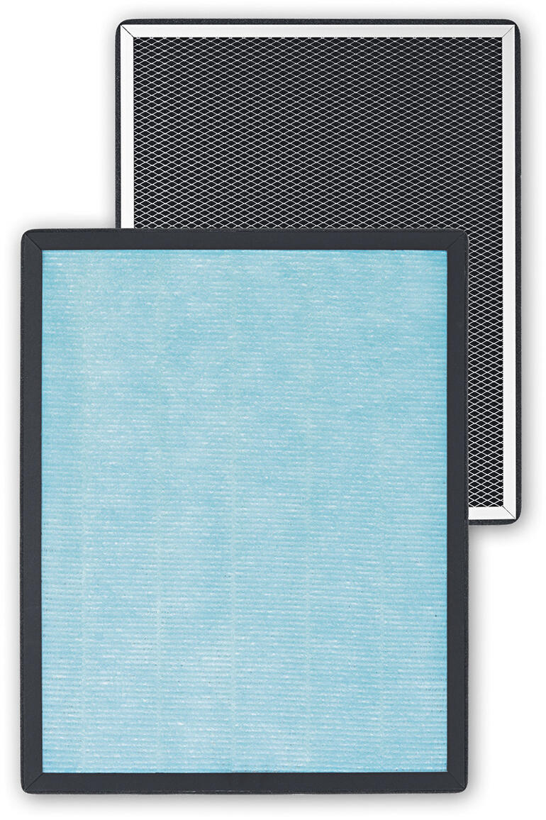 Deux filtres de rechange pour purificateur d'air, l'un avec un filtre bleu clair et l'autre avec un design noir.
