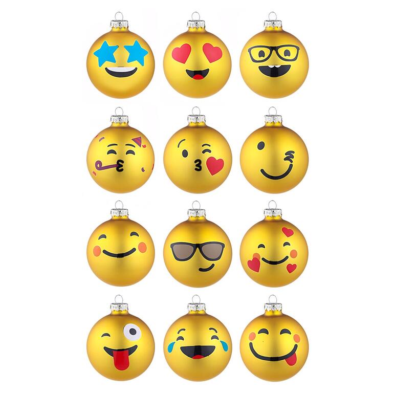 Boules de Noël émoticône, lot de 12 pièces 12 boules de Noël emoji en rangée sur fond blanc